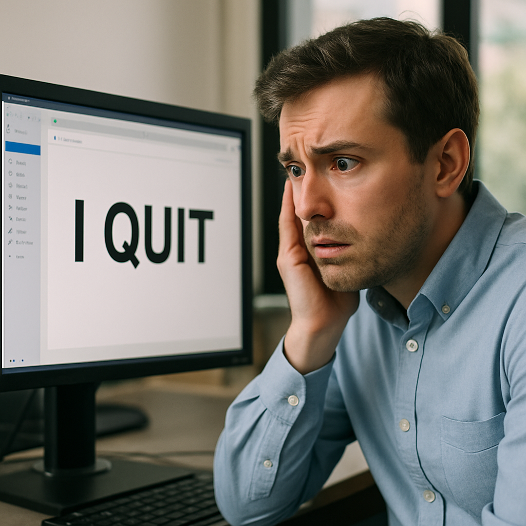 photographic email saying I quit on computer screen and concerned employee looking at it